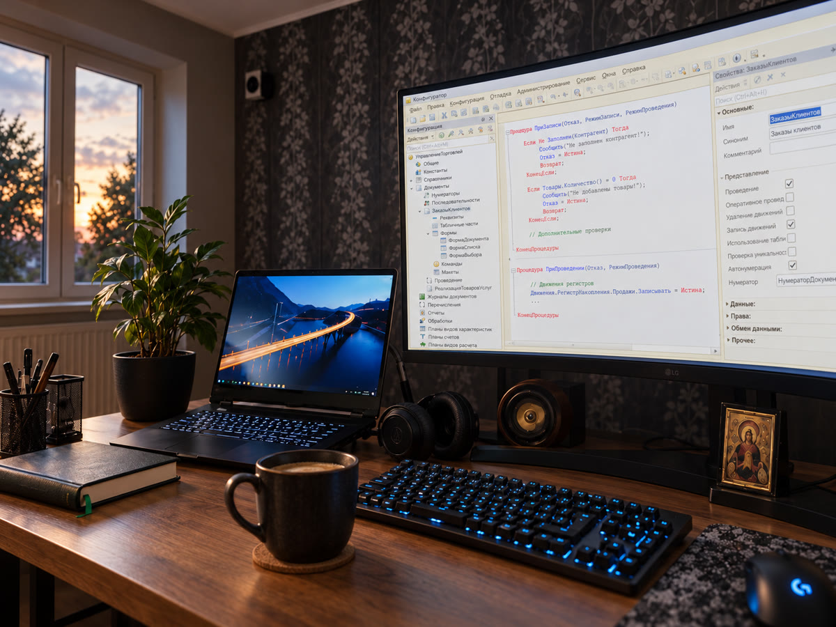 BAS/1C development workspace with coffee